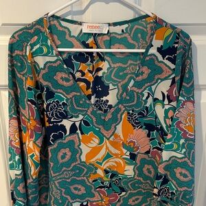 Renee C. Teal, Orange, and Purple Multi Floral V-Neck Blouse
